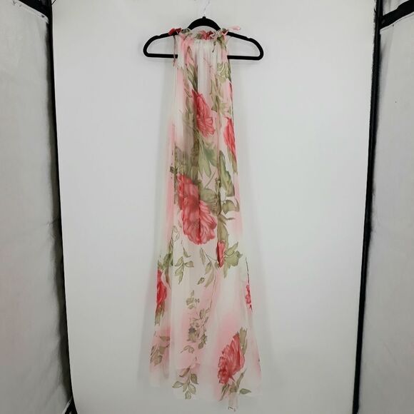 Ruiyige Sheer Flowy Floral Maxi Ruffled Jewel Neck Maxi Dress White Pink Sz L - Picture 3 of 11